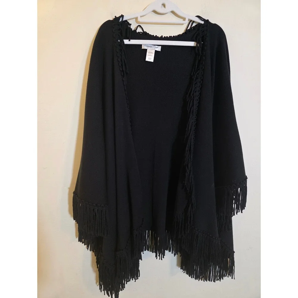 Coldwater Creek Black Ribbed Knit‎ Fringe Open Front Poncho Wrap One Size